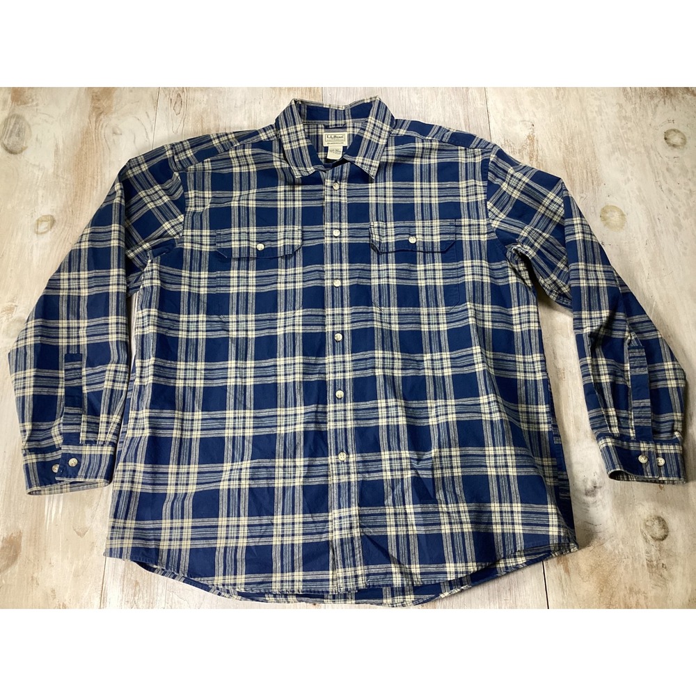 L.L. Bean Flannel Shirt Mens XL Blue Plaid Button Up Long Sleeve Cotton
